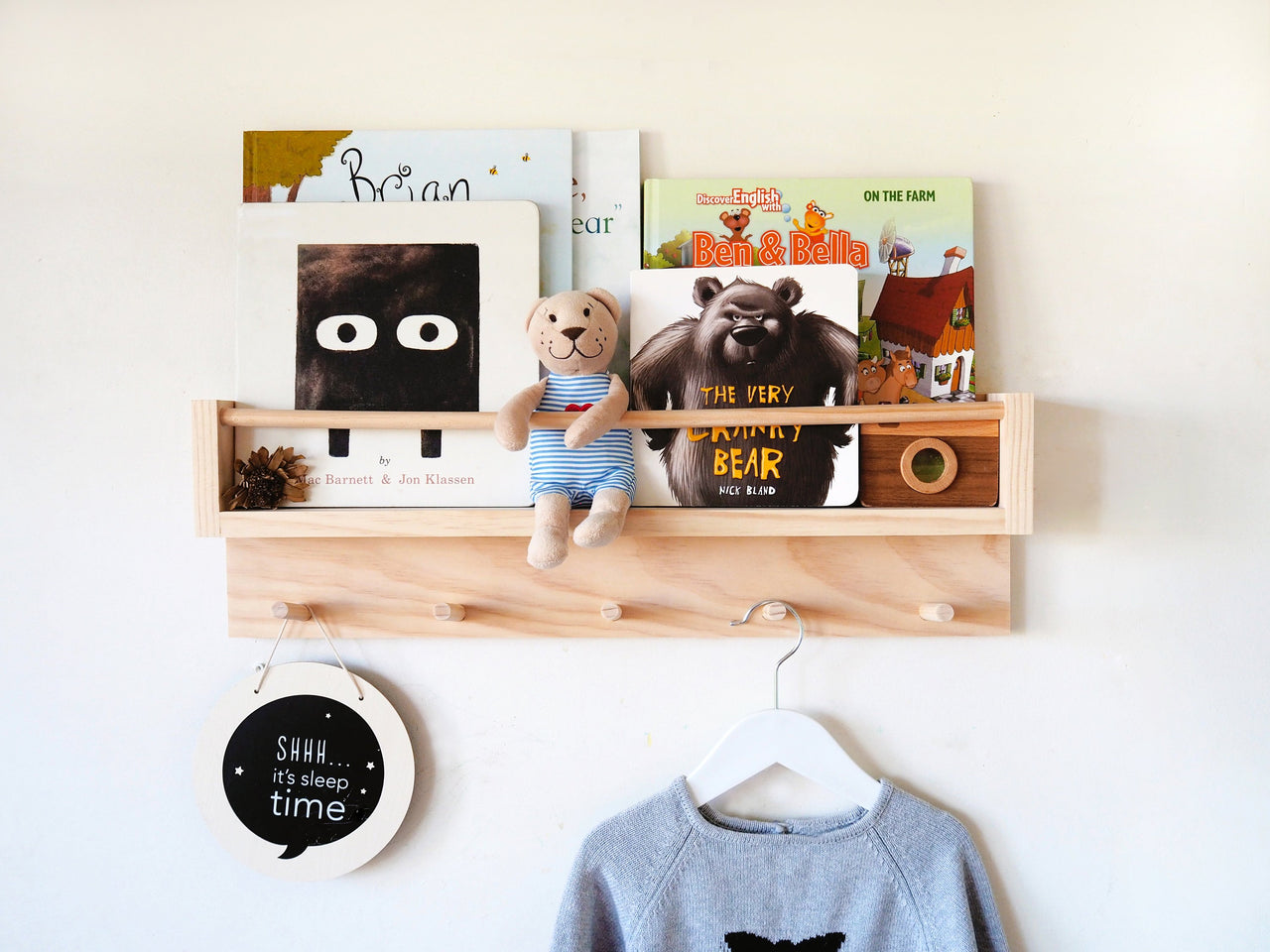 Kids Bookshelf & Coat Rack Combo (Pine) Natural Wood Colour