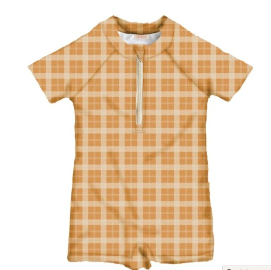 Short Sleeve Rashguard Swimsuit Buckwheat Plaid