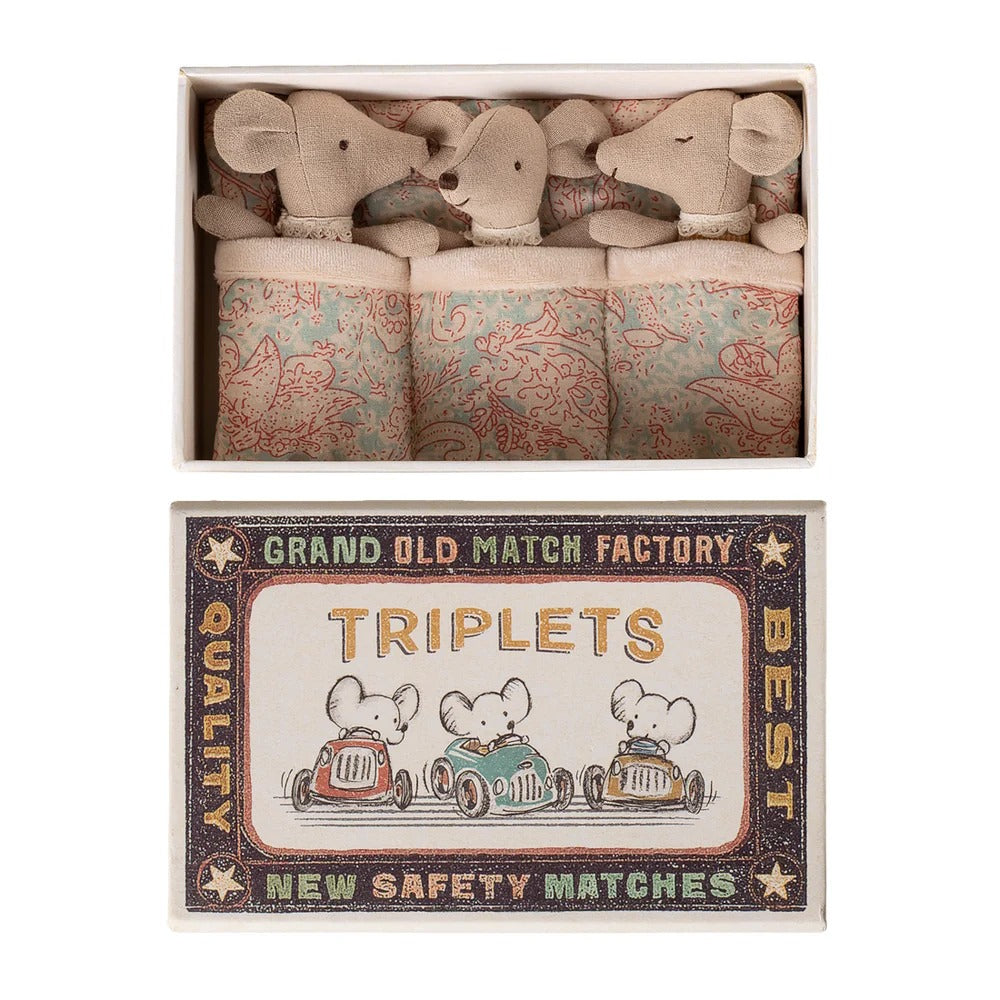 Maileg Triplets Baby Mice in Matchbox Checker